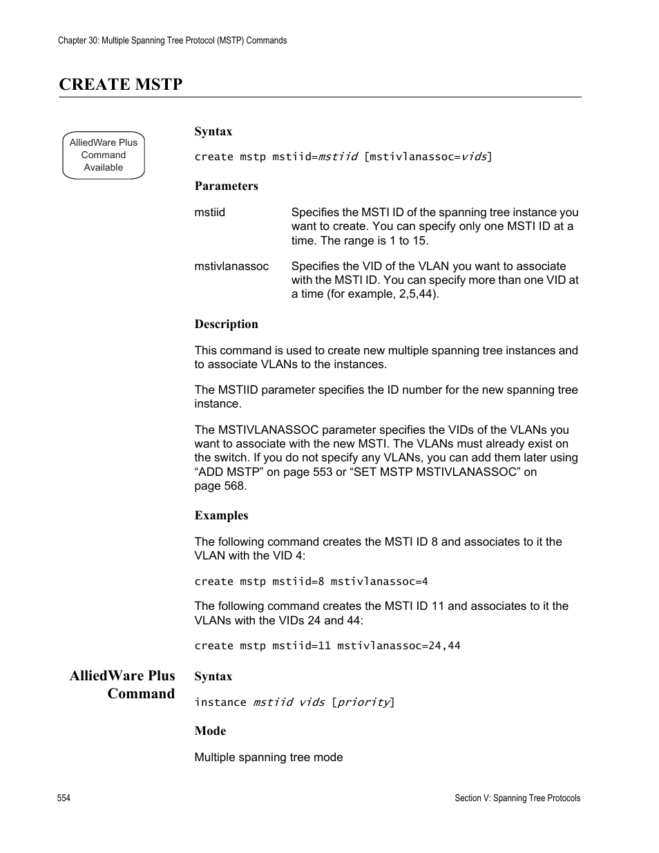 Create mstp, Alliedware plus command | Allied Telesis AT-S63 User Manual | Page 554 / 836
