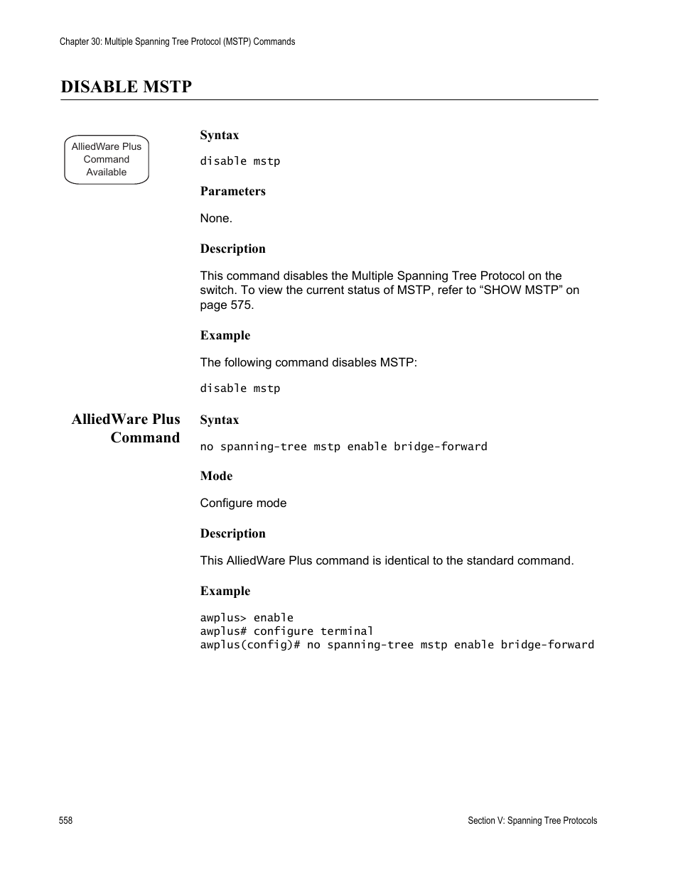 Disable mstp, Alliedware plus command | Allied Telesis AT-S63 User Manual | Page 558 / 836