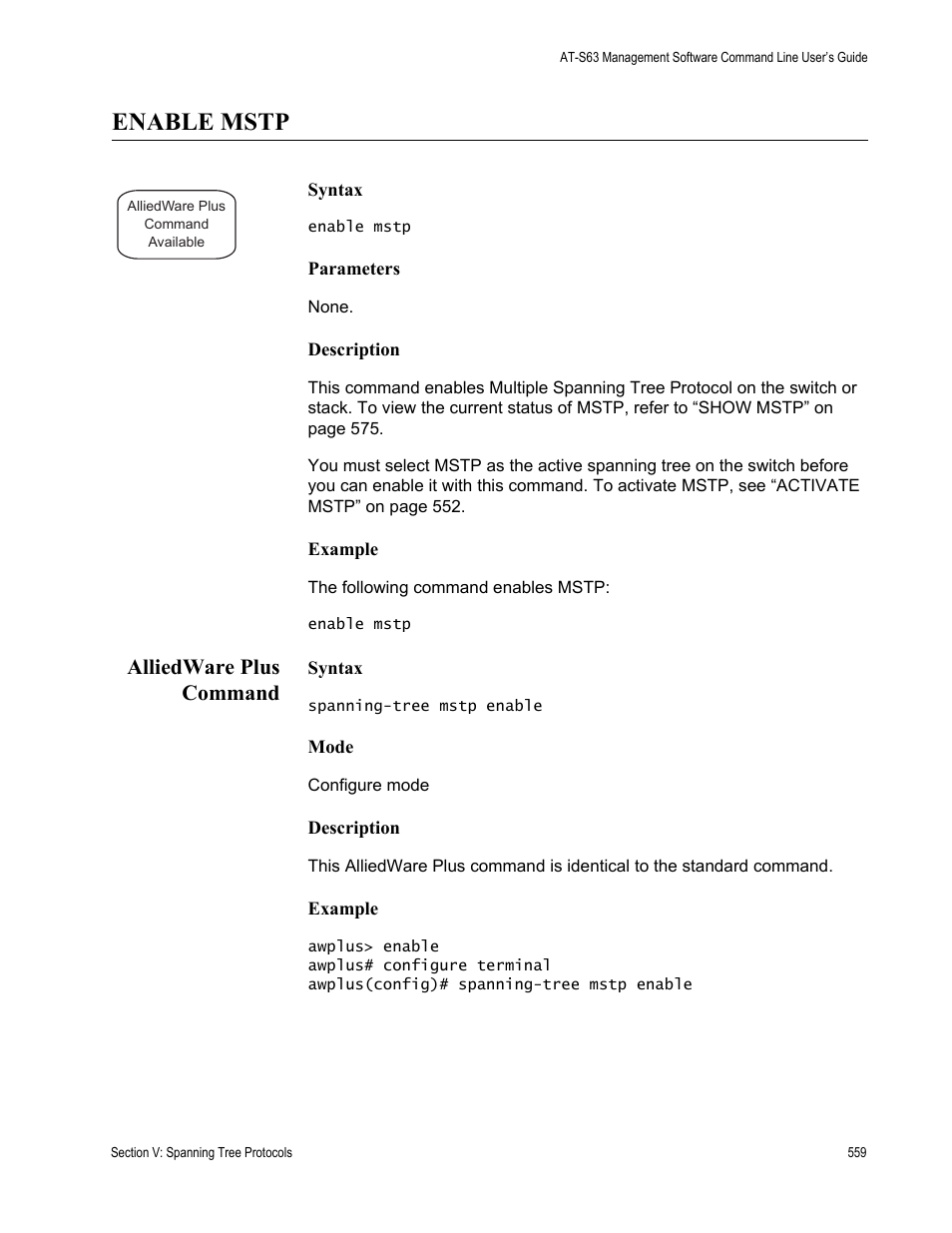Enable mstp, Alliedware plus command | Allied Telesis AT-S63 User Manual | Page 559 / 836