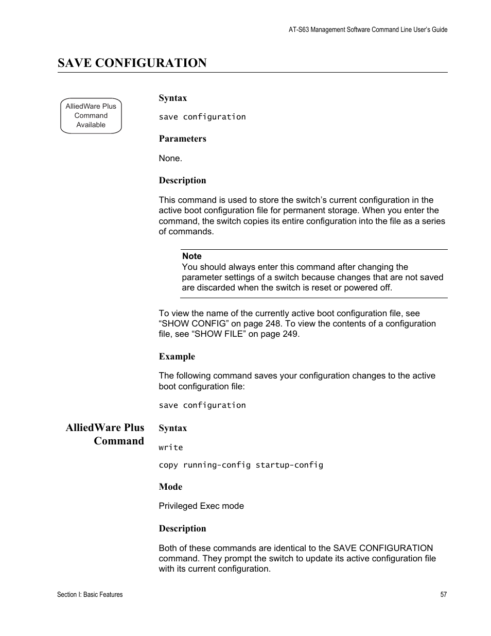 Save configuration, Alliedware plus command | Allied Telesis AT-S63 User Manual | Page 57 / 836