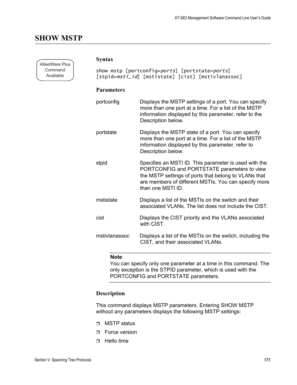 Show mstp | Allied Telesis AT-S63 User Manual | Page 575 / 836