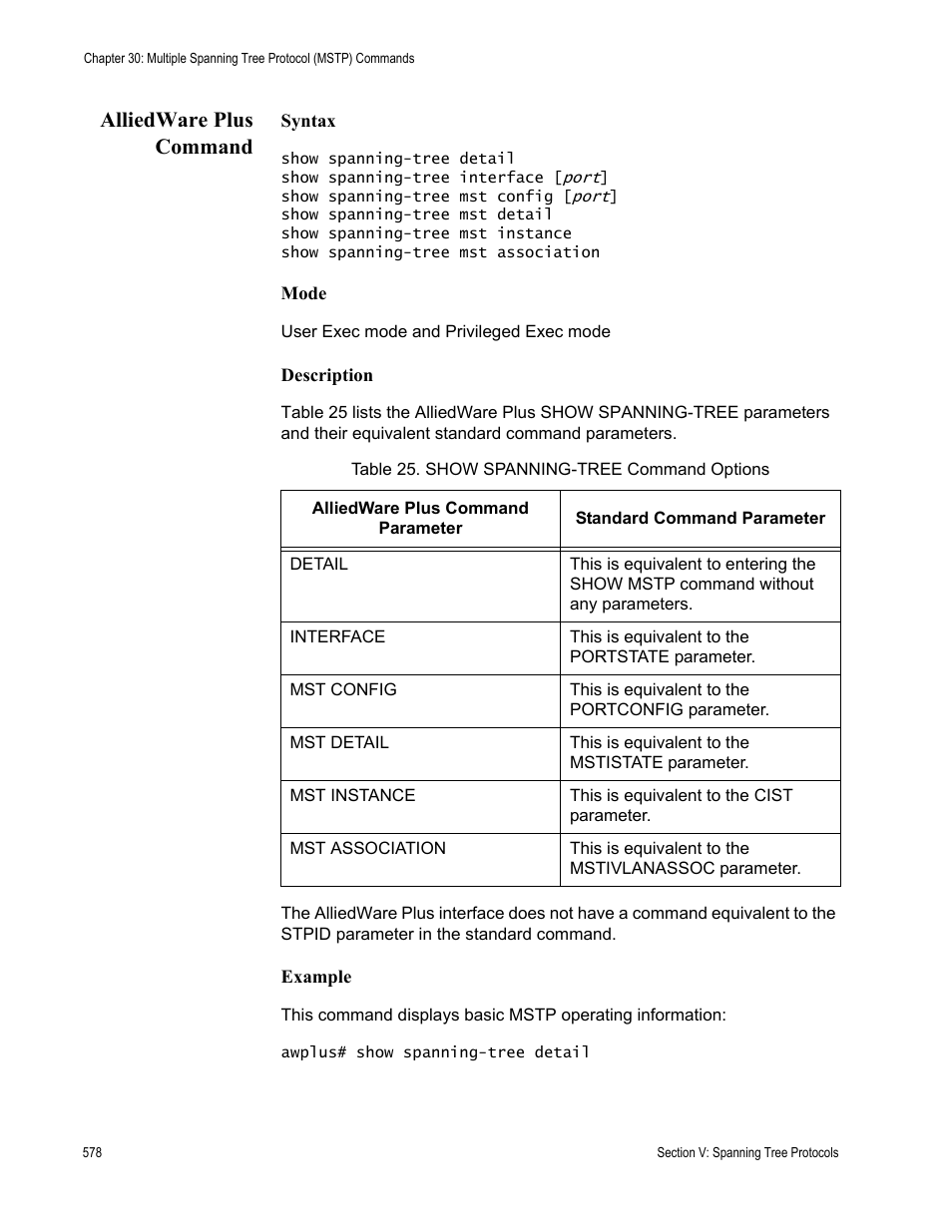 Alliedware plus command, Table 25. show spanning-tree command options | Allied Telesis AT-S63 User Manual | Page 578 / 836
