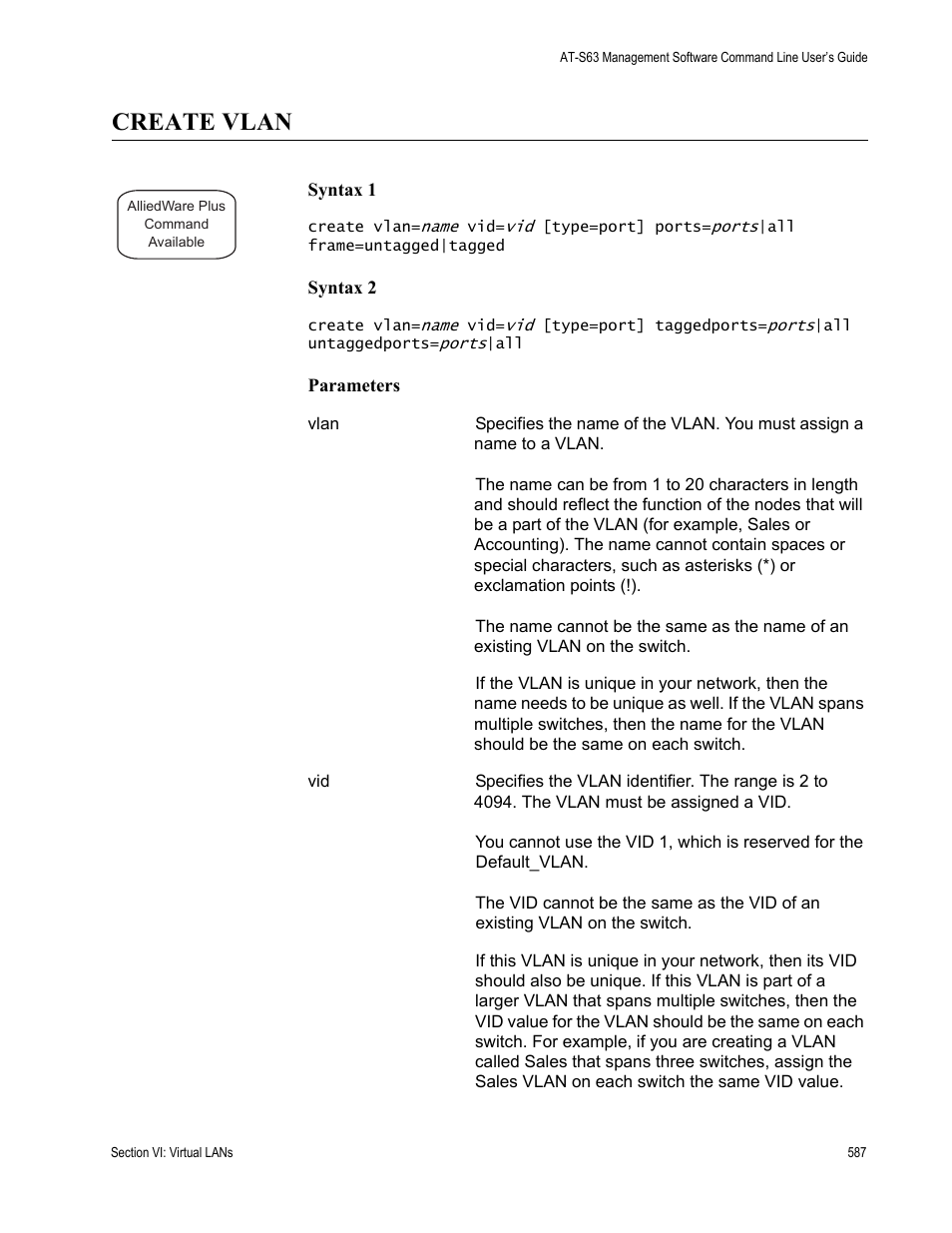 Create vlan | Allied Telesis AT-S63 User Manual | Page 587 / 836
