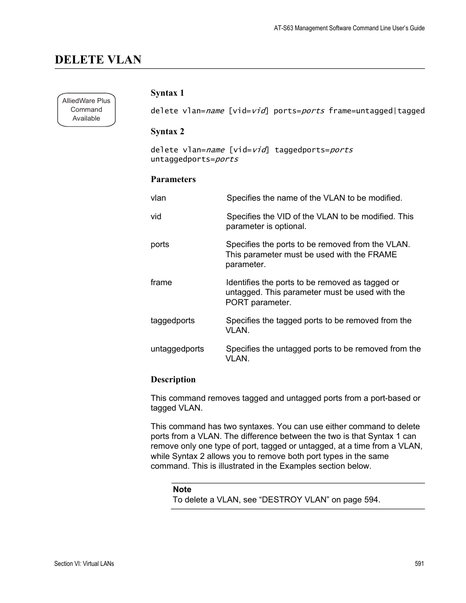 Delete vlan | Allied Telesis AT-S63 User Manual | Page 591 / 836