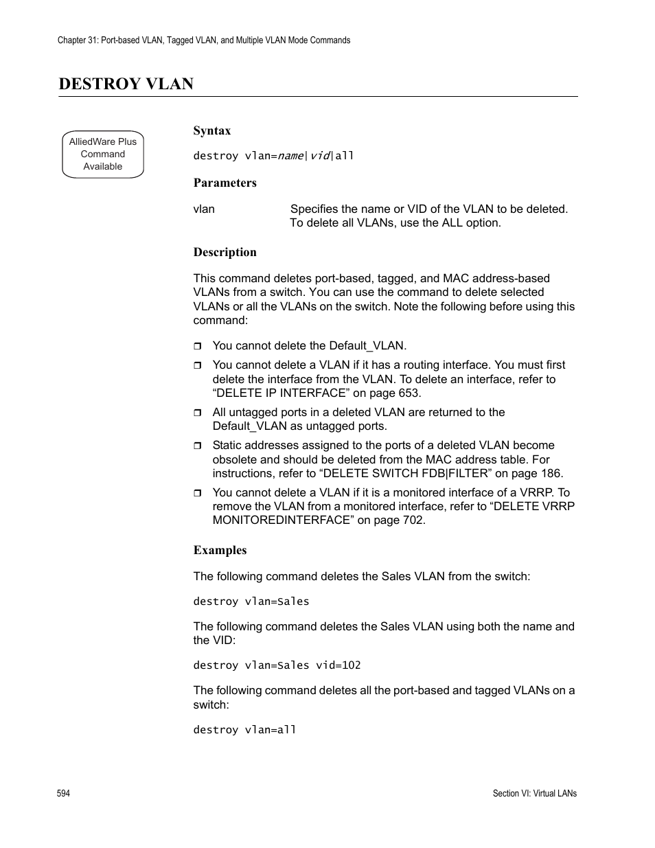 Destroy vlan | Allied Telesis AT-S63 User Manual | Page 594 / 836