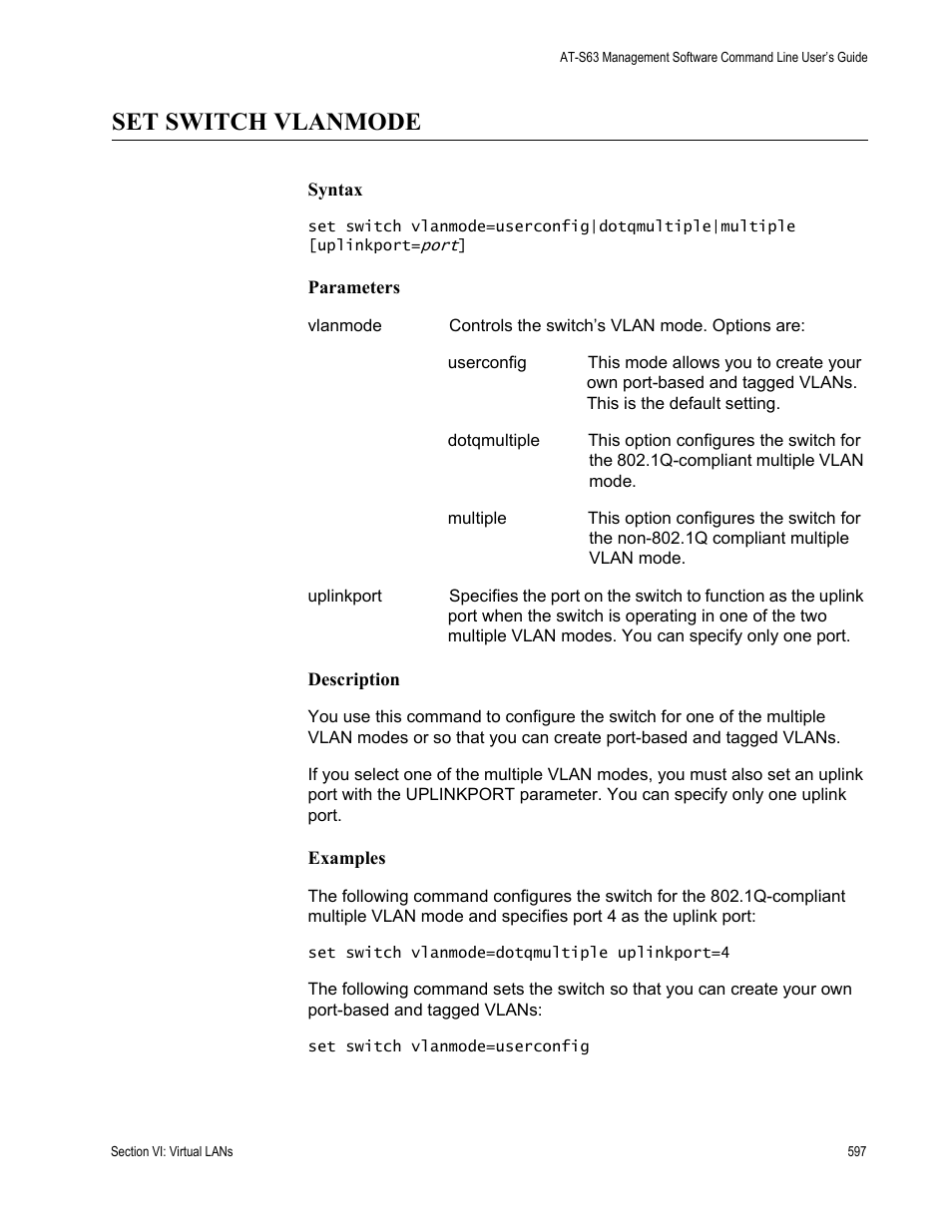 Set switch vlanmode | Allied Telesis AT-S63 User Manual | Page 597 / 836