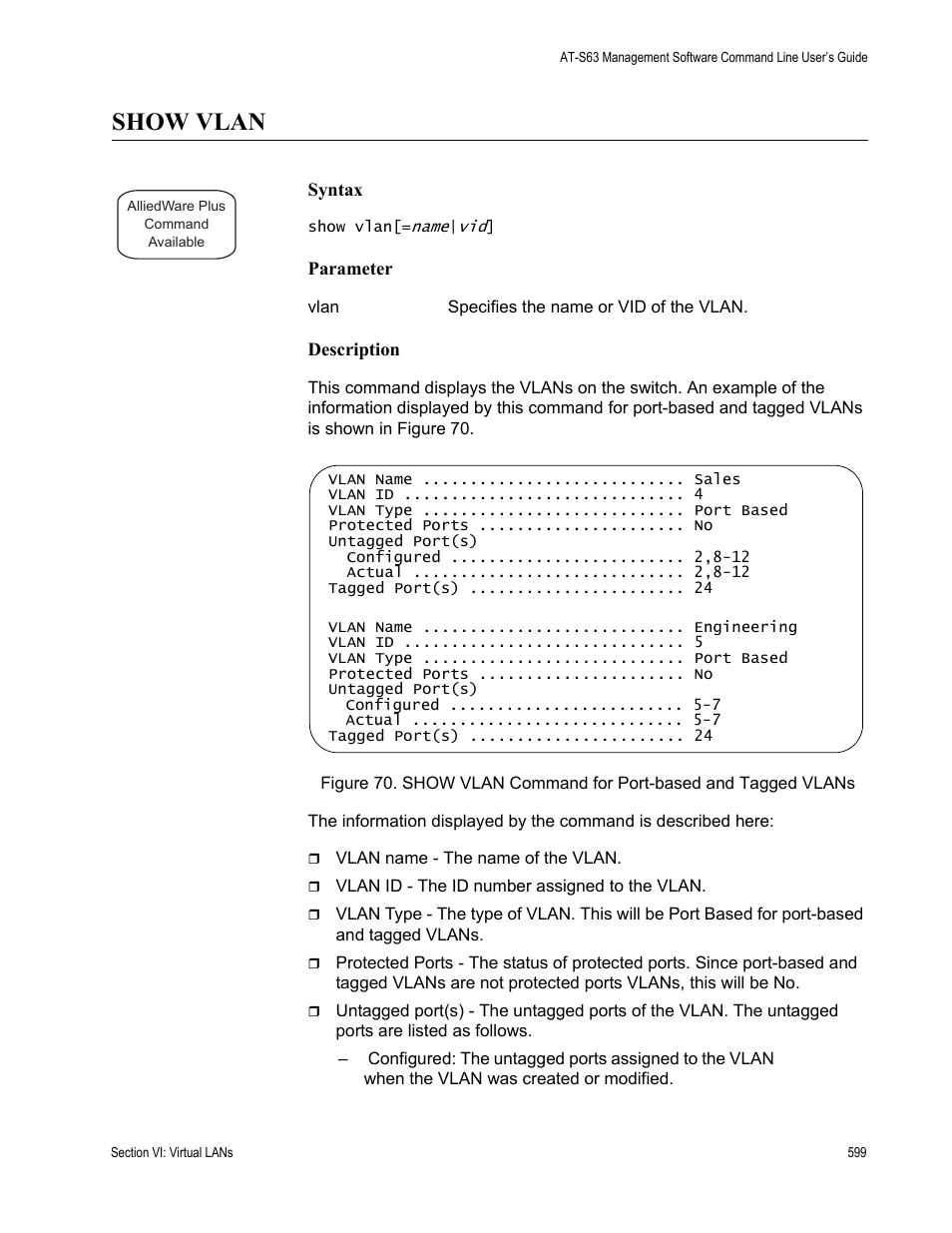 Show vlan | Allied Telesis AT-S63 User Manual | Page 599 / 836