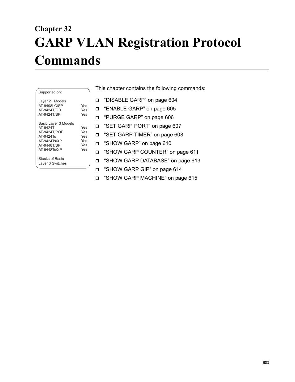 Chapter 32, Garp vlan registration protocol commands | Allied Telesis AT-S63 User Manual | Page 603 / 836
