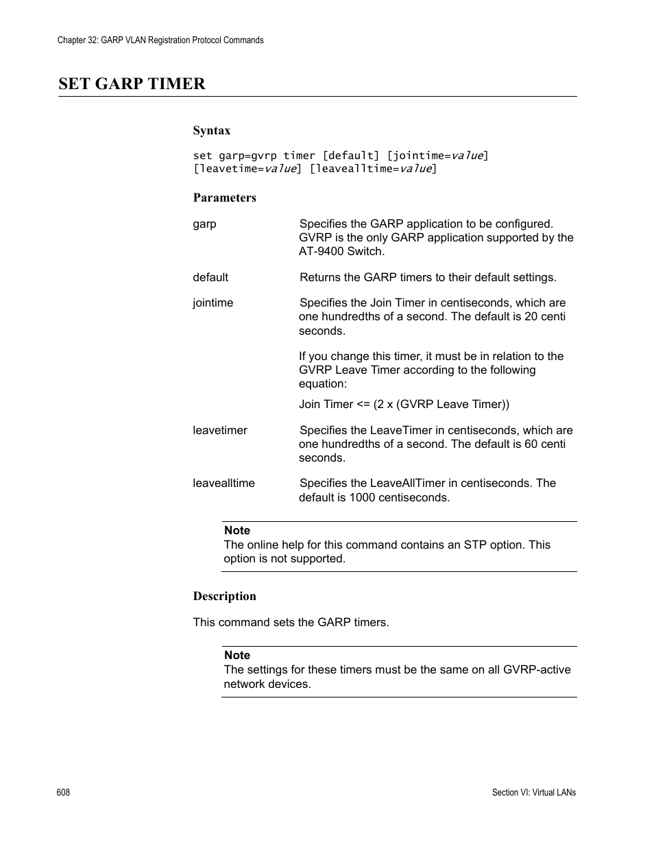 Set garp timer | Allied Telesis AT-S63 User Manual | Page 608 / 836