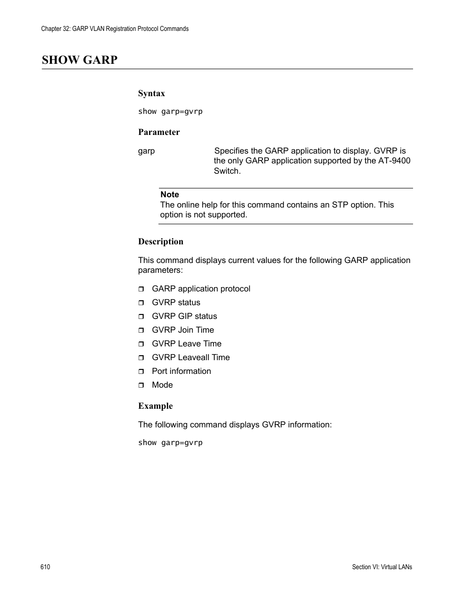 Show garp | Allied Telesis AT-S63 User Manual | Page 610 / 836