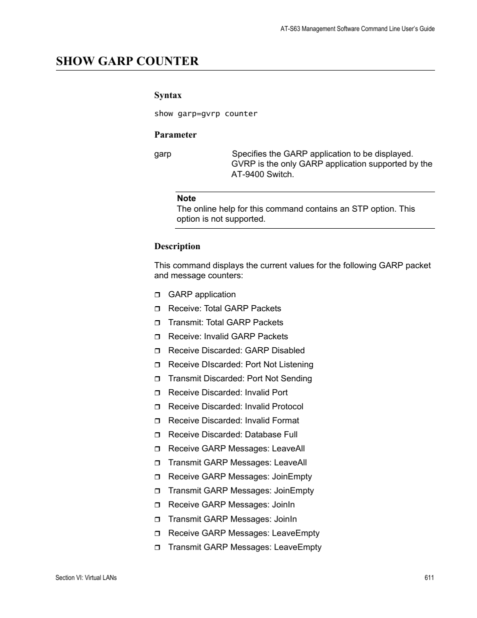 Show garp counter | Allied Telesis AT-S63 User Manual | Page 611 / 836