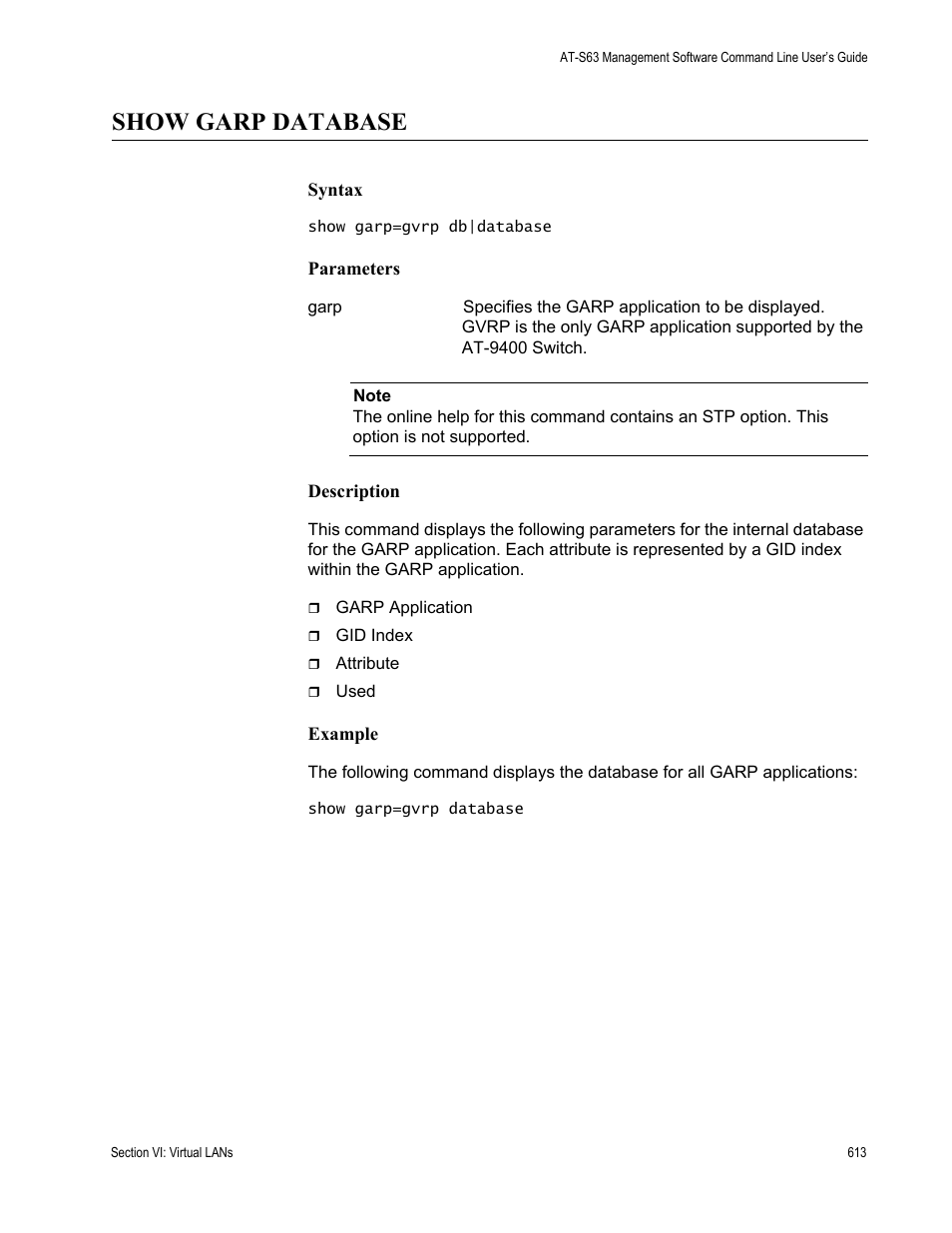 Show garp database | Allied Telesis AT-S63 User Manual | Page 613 / 836