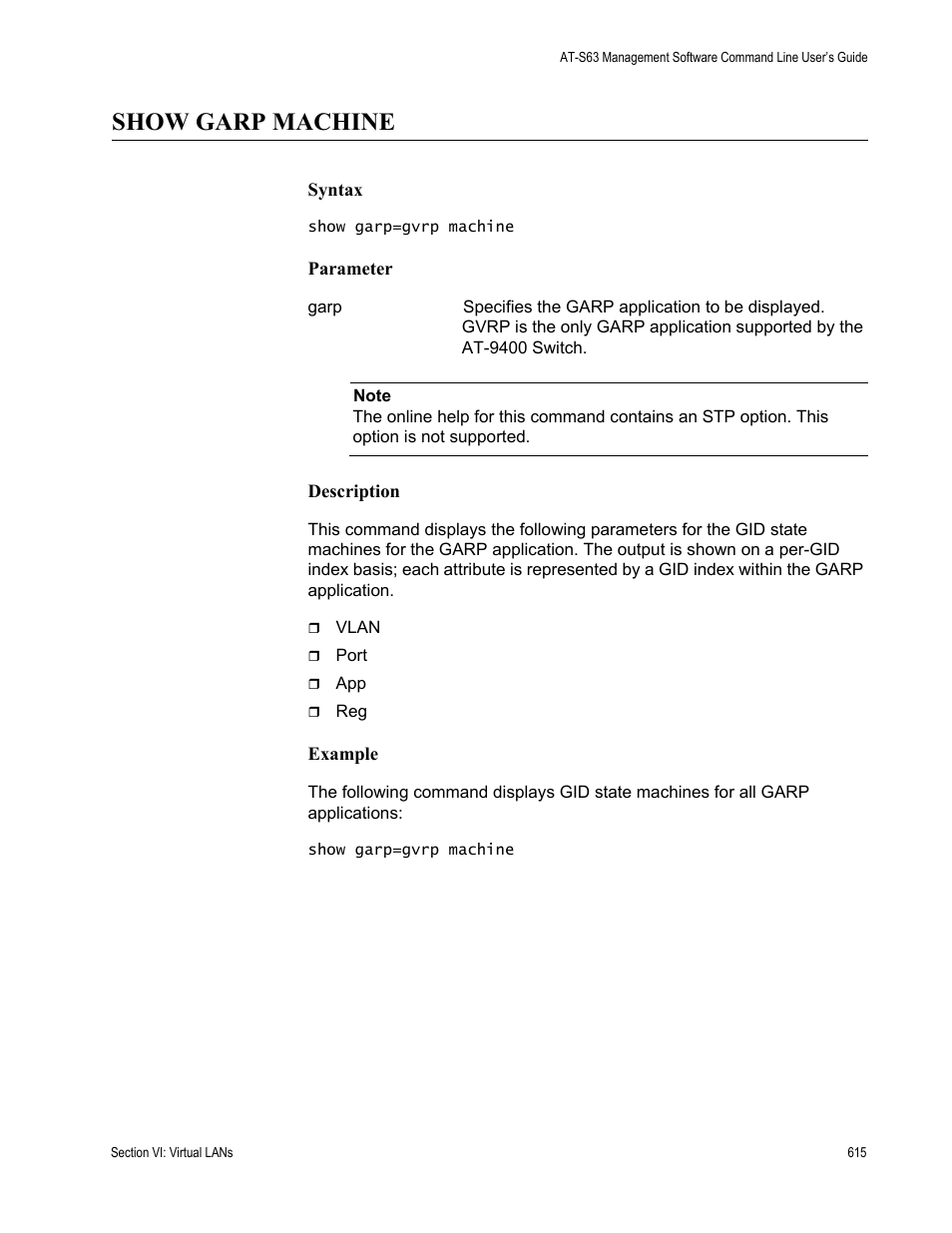 Show garp machine | Allied Telesis AT-S63 User Manual | Page 615 / 836