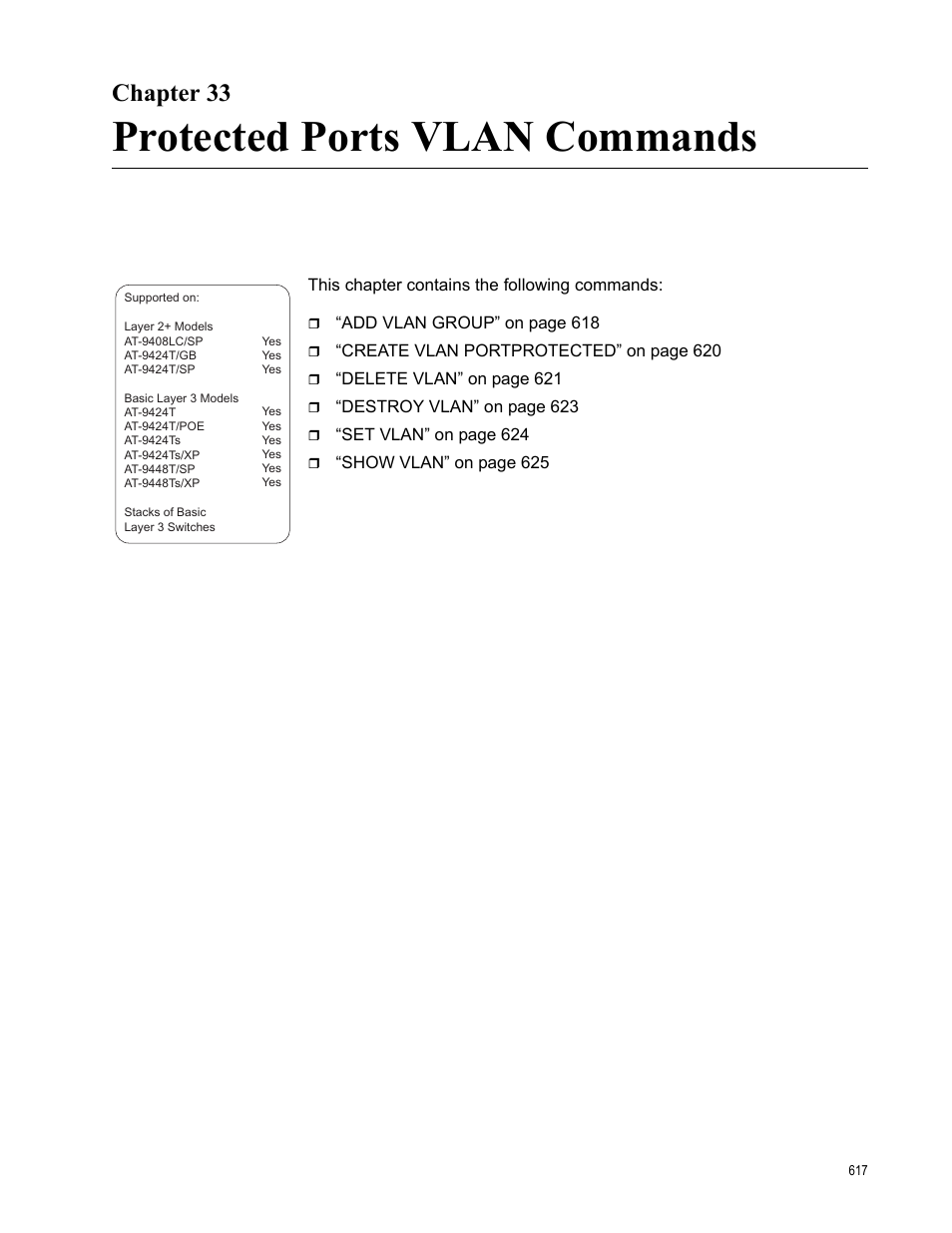 Chapter 33, Protected ports vlan commands, Chapter 33: protected ports vlan commands | Allied Telesis AT-S63 User Manual | Page 617 / 836