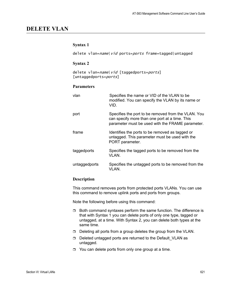 Delete vlan | Allied Telesis AT-S63 User Manual | Page 621 / 836