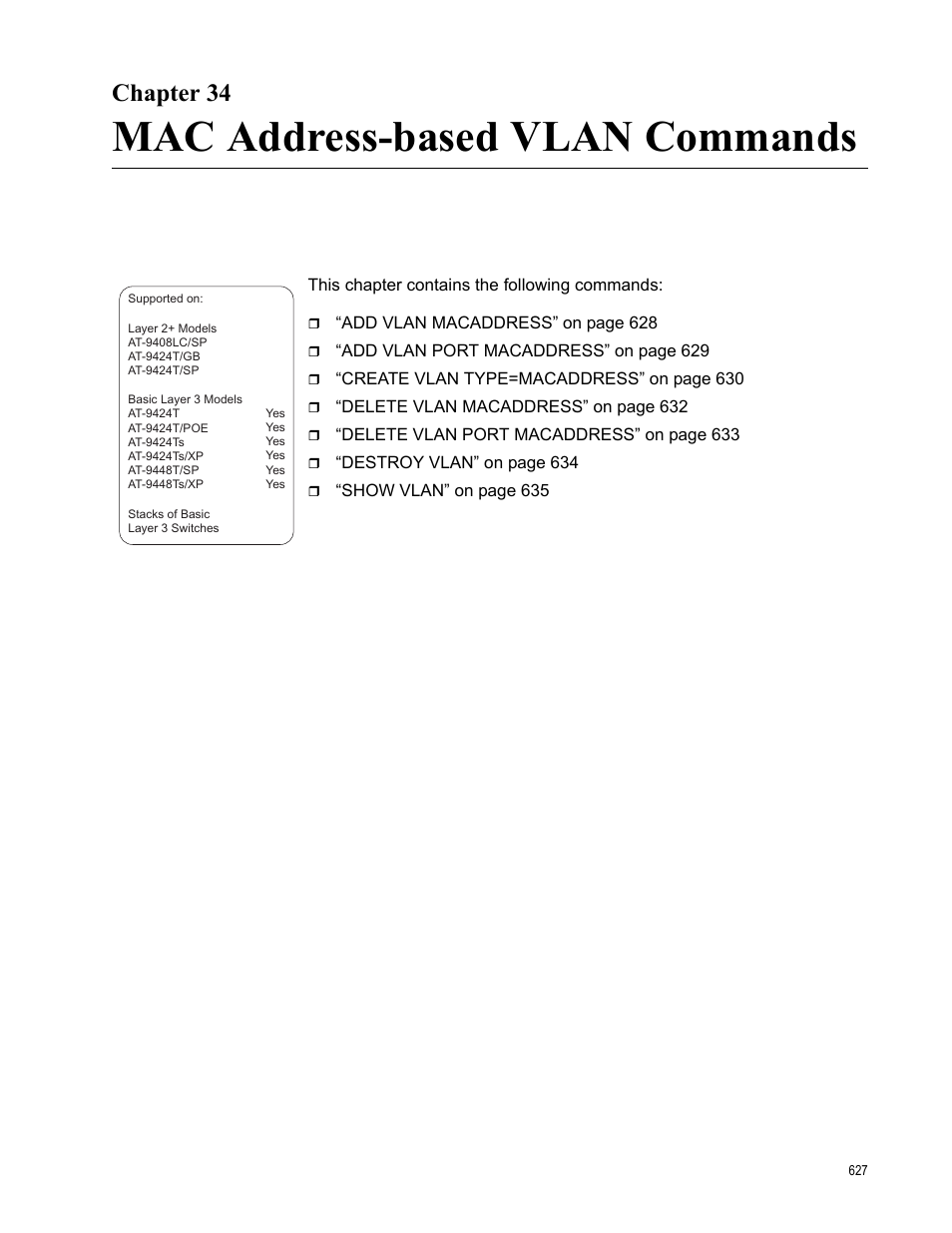 Chapter 34, Mac address-based vlan commands | Allied Telesis AT-S63 User Manual | Page 627 / 836