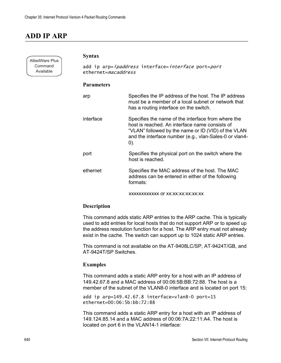 Add ip arp | Allied Telesis AT-S63 User Manual | Page 640 / 836
