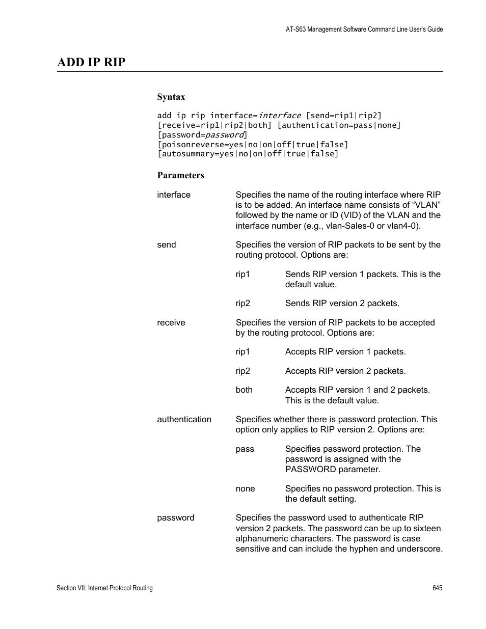 Add ip rip | Allied Telesis AT-S63 User Manual | Page 645 / 836