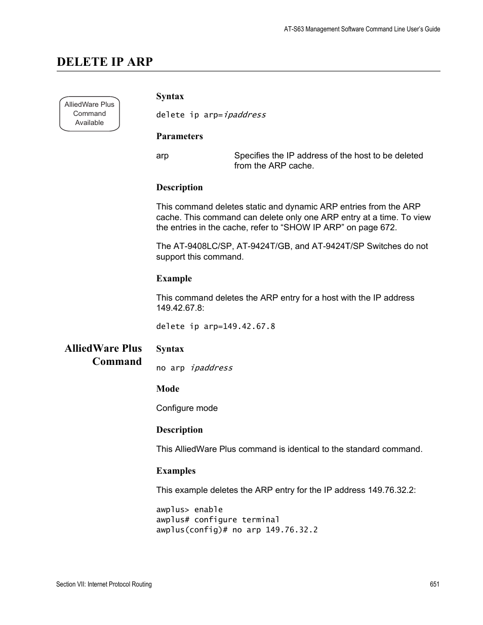 Delete ip arp, Alliedware plus command | Allied Telesis AT-S63 User Manual | Page 651 / 836