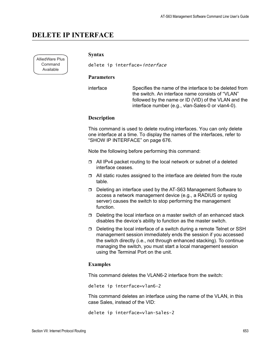 Delete ip interface | Allied Telesis AT-S63 User Manual | Page 653 / 836