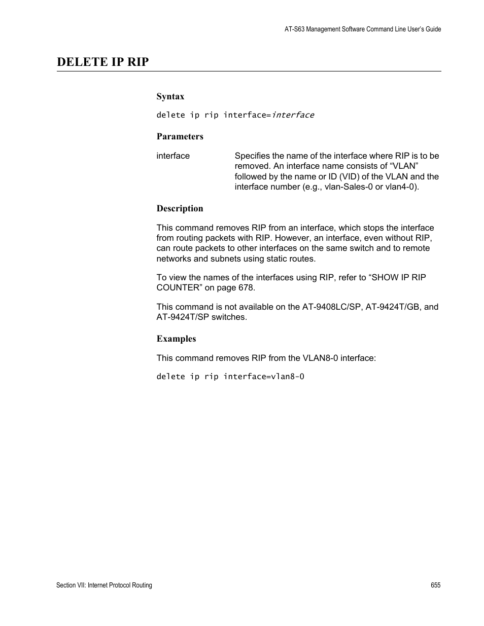 Delete ip rip | Allied Telesis AT-S63 User Manual | Page 655 / 836