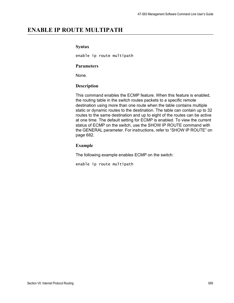 Enable ip route multipath | Allied Telesis AT-S63 User Manual | Page 659 / 836