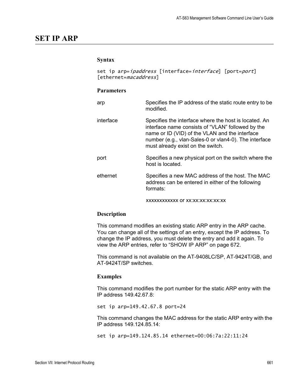 Set ip arp | Allied Telesis AT-S63 User Manual | Page 661 / 836