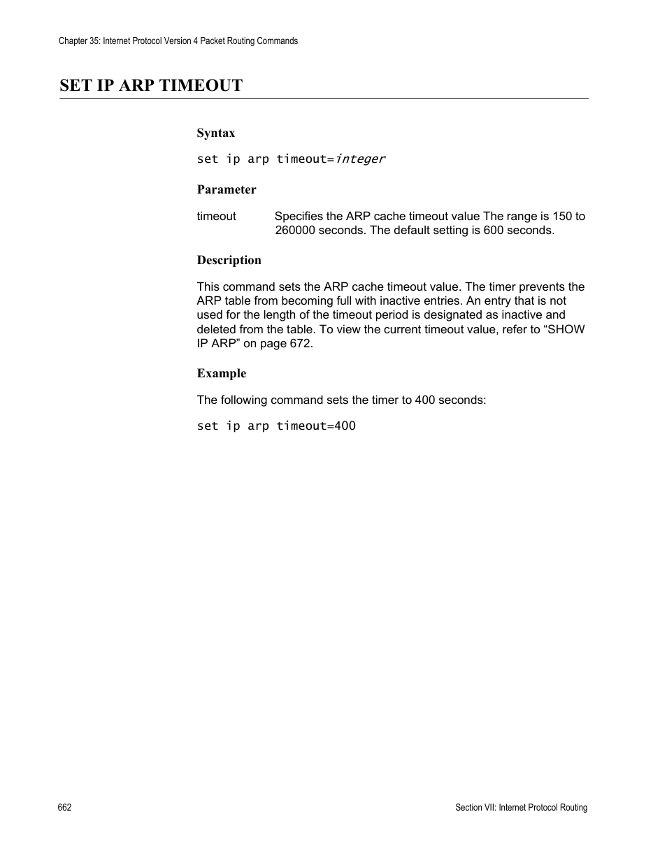 Set ip arp timeout | Allied Telesis AT-S63 User Manual | Page 662 / 836