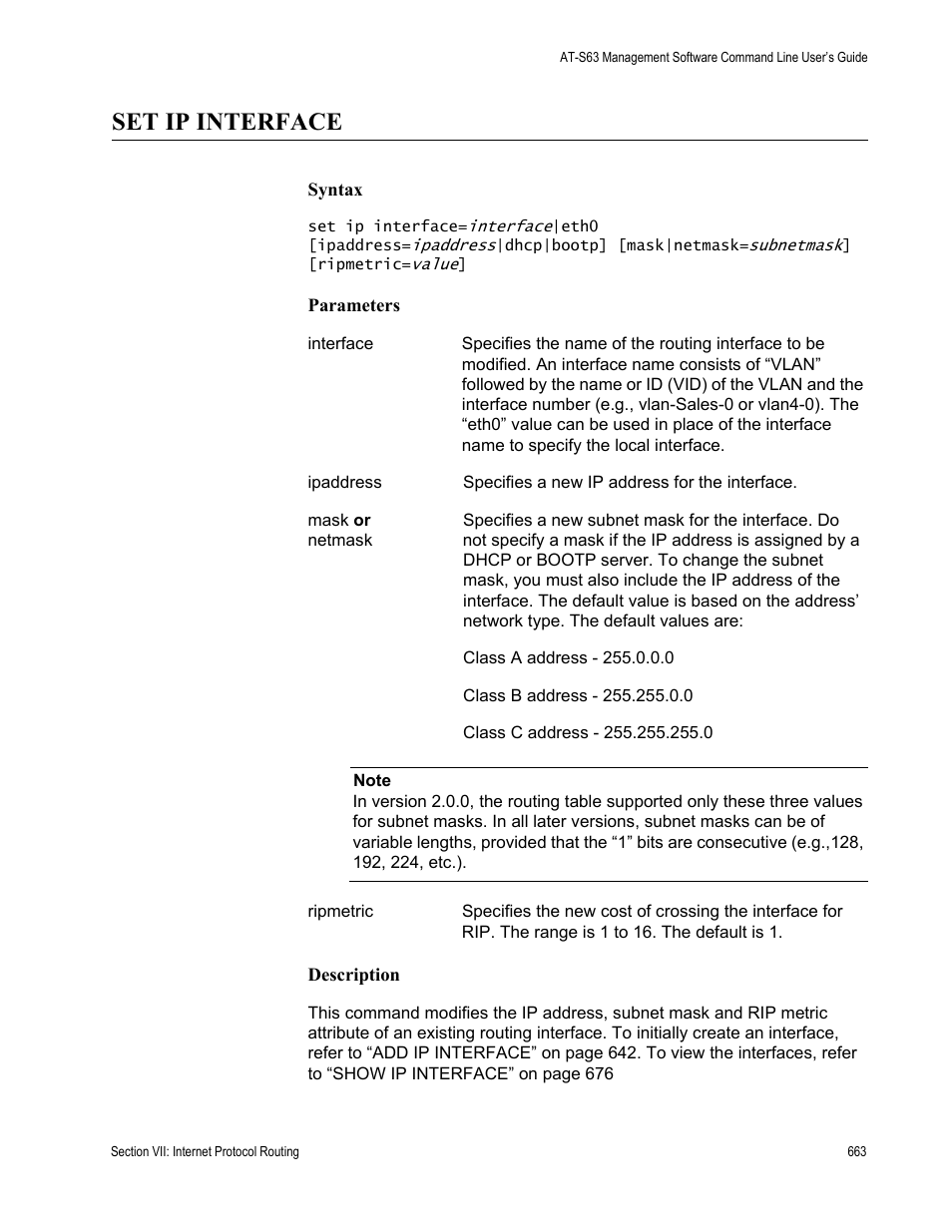 Set ip interface | Allied Telesis AT-S63 User Manual | Page 663 / 836