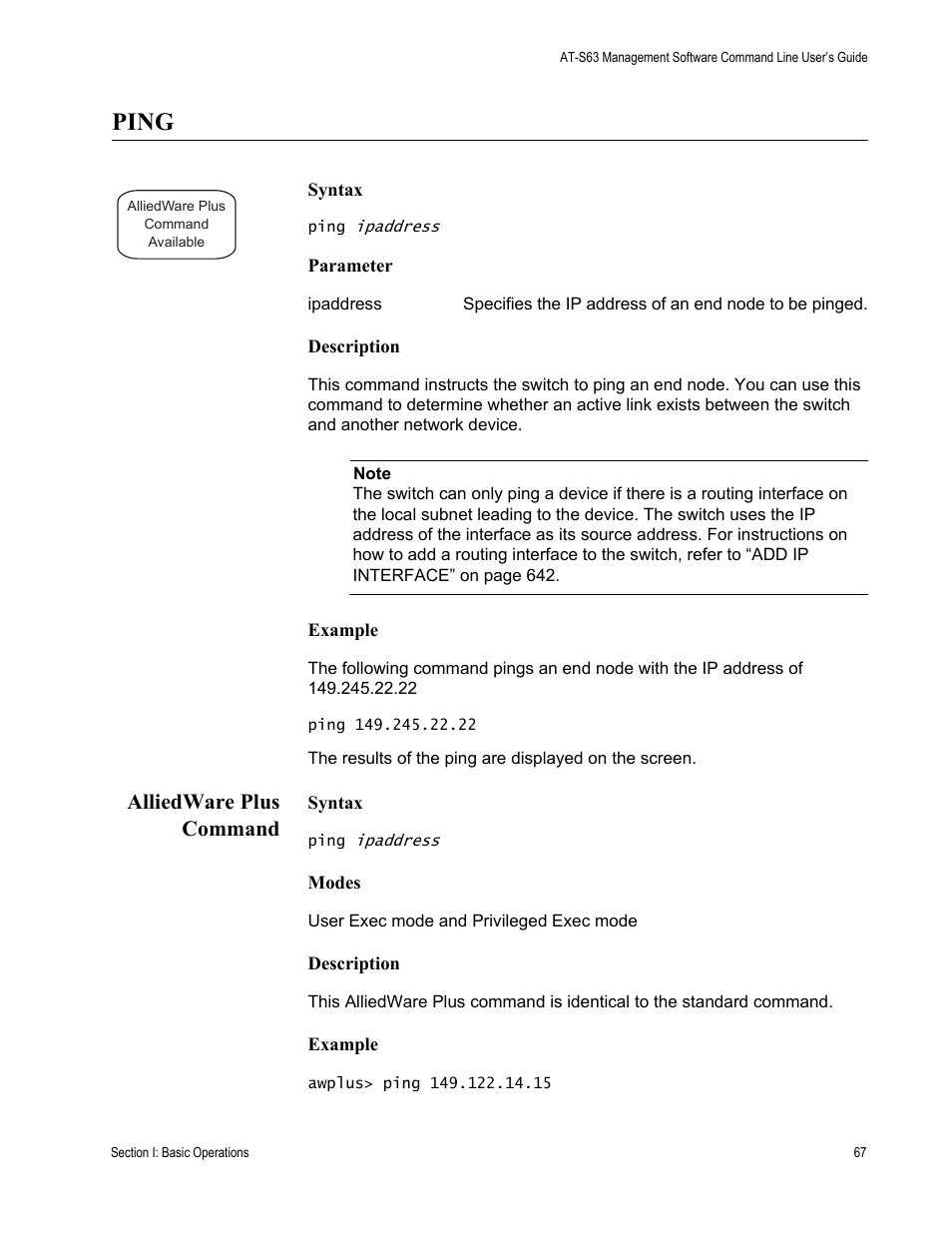 Ping, Alliedware plus command | Allied Telesis AT-S63 User Manual | Page 67 / 836