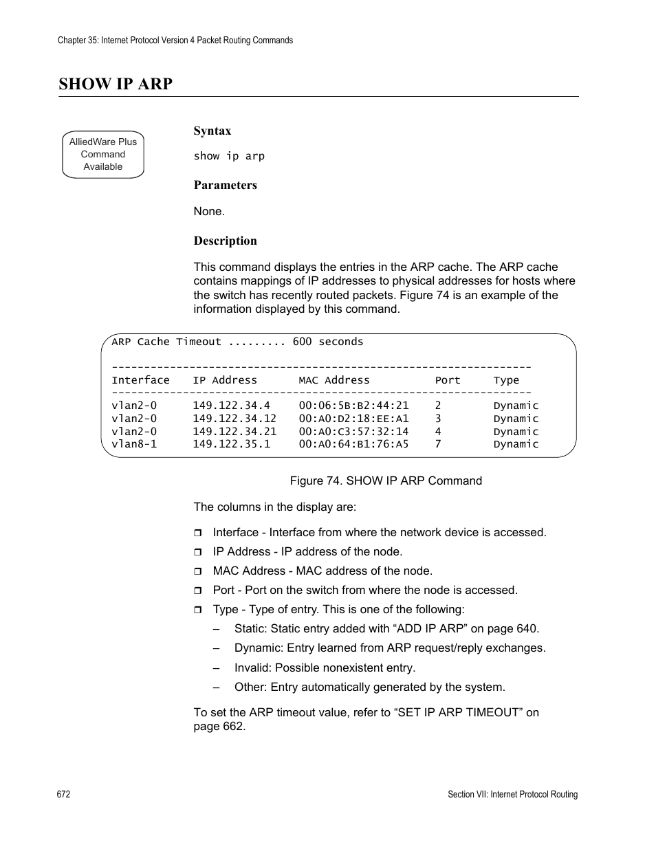 Show ip arp | Allied Telesis AT-S63 User Manual | Page 672 / 836