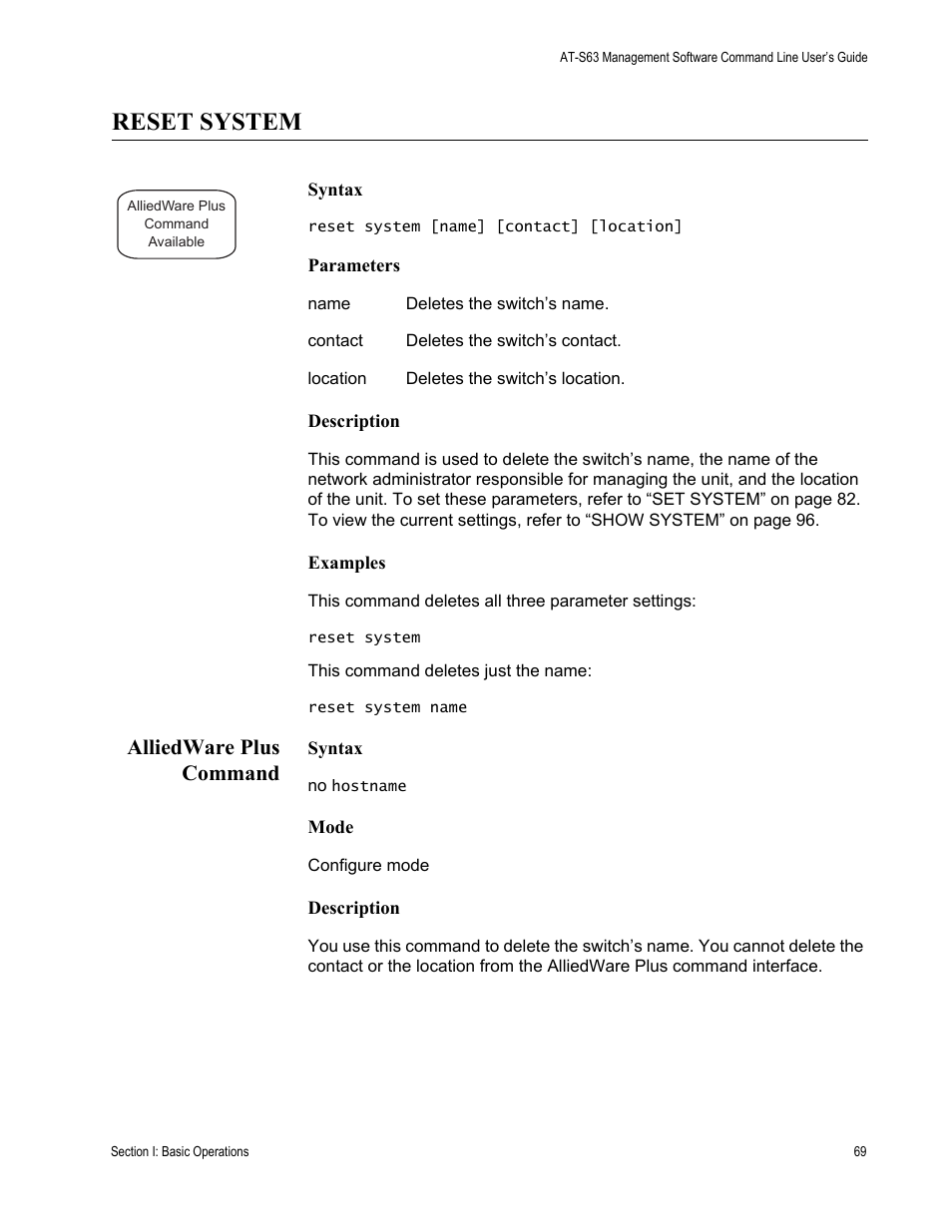 Reset system, Alliedware plus command | Allied Telesis AT-S63 User Manual | Page 69 / 836