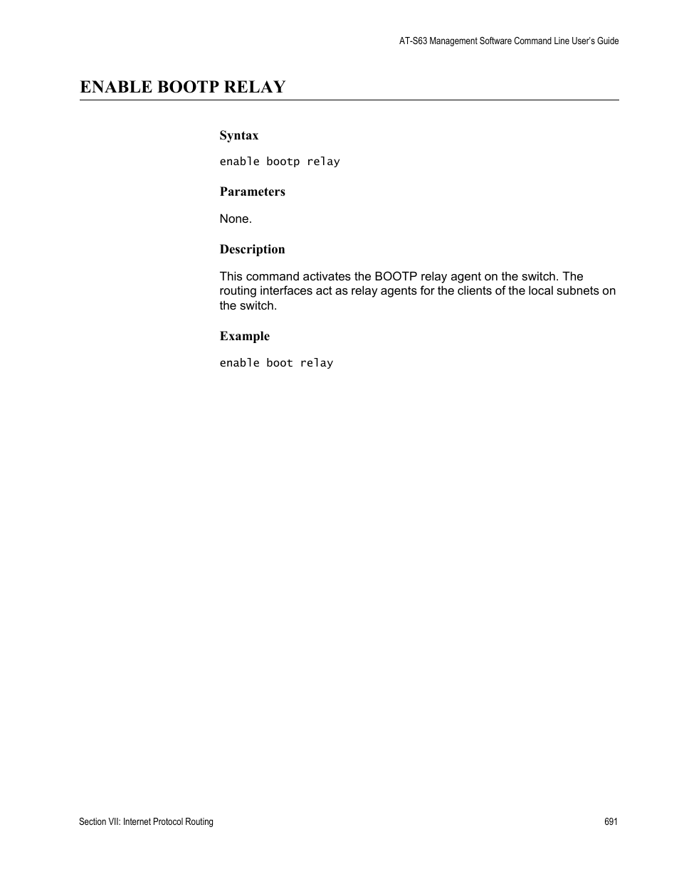 Enable bootp relay | Allied Telesis AT-S63 User Manual | Page 691 / 836