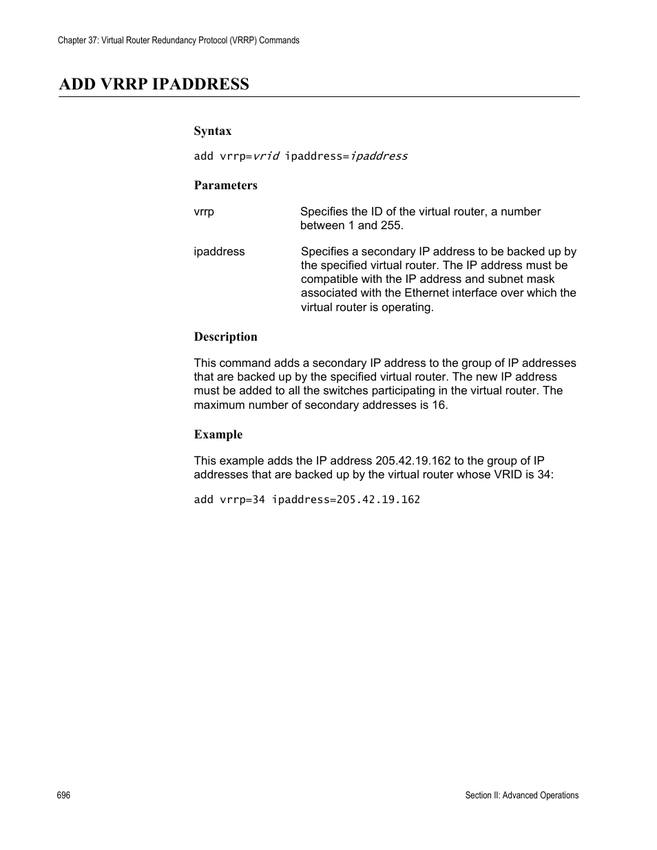 Add vrrp ipaddress | Allied Telesis AT-S63 User Manual | Page 696 / 836