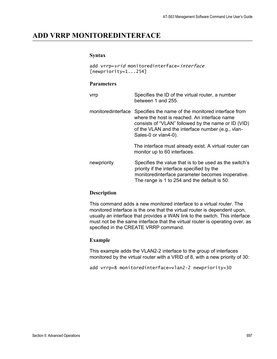 Add vrrp monitoredinterface | Allied Telesis AT-S63 User Manual | Page 697 / 836