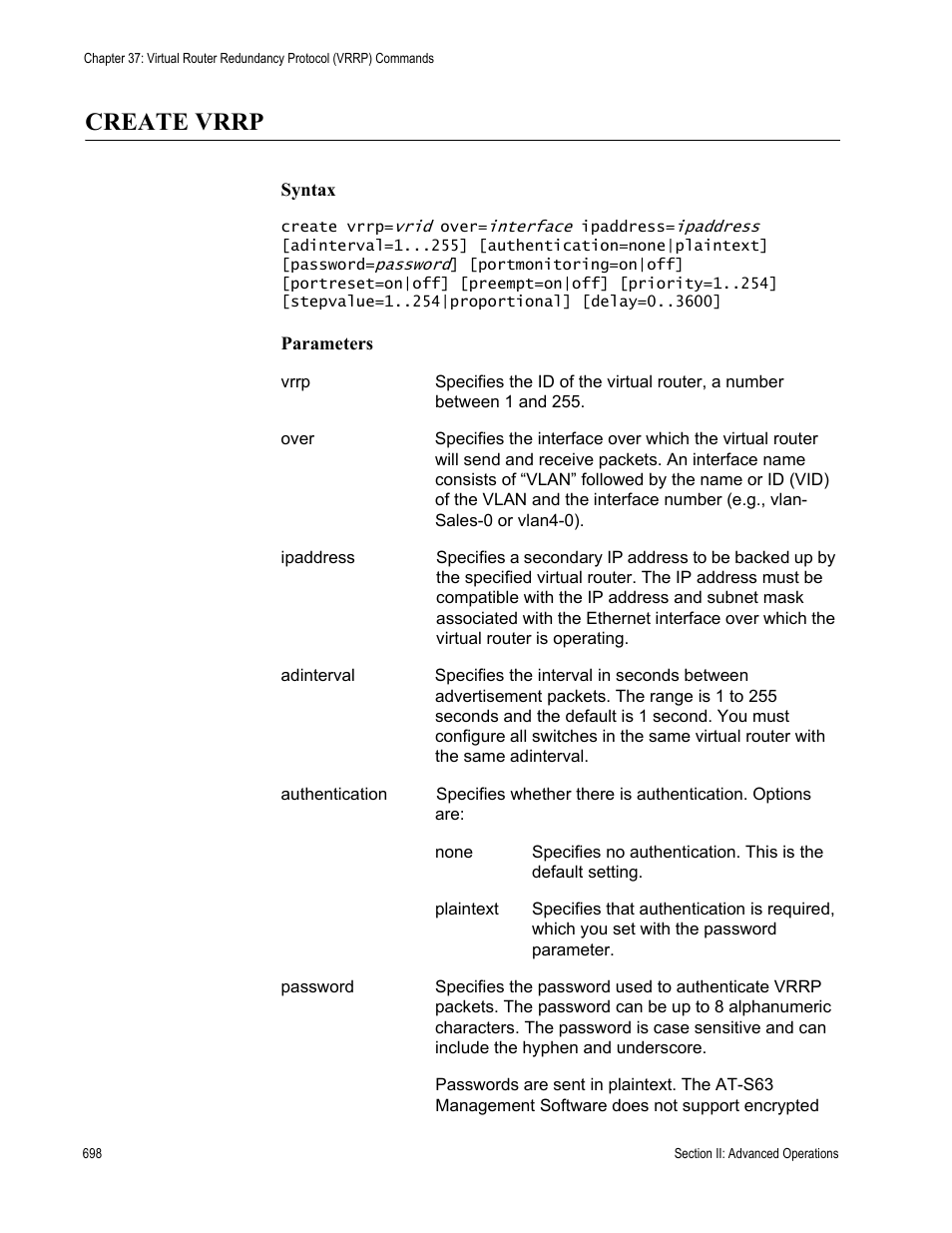 Create vrrp | Allied Telesis AT-S63 User Manual | Page 698 / 836