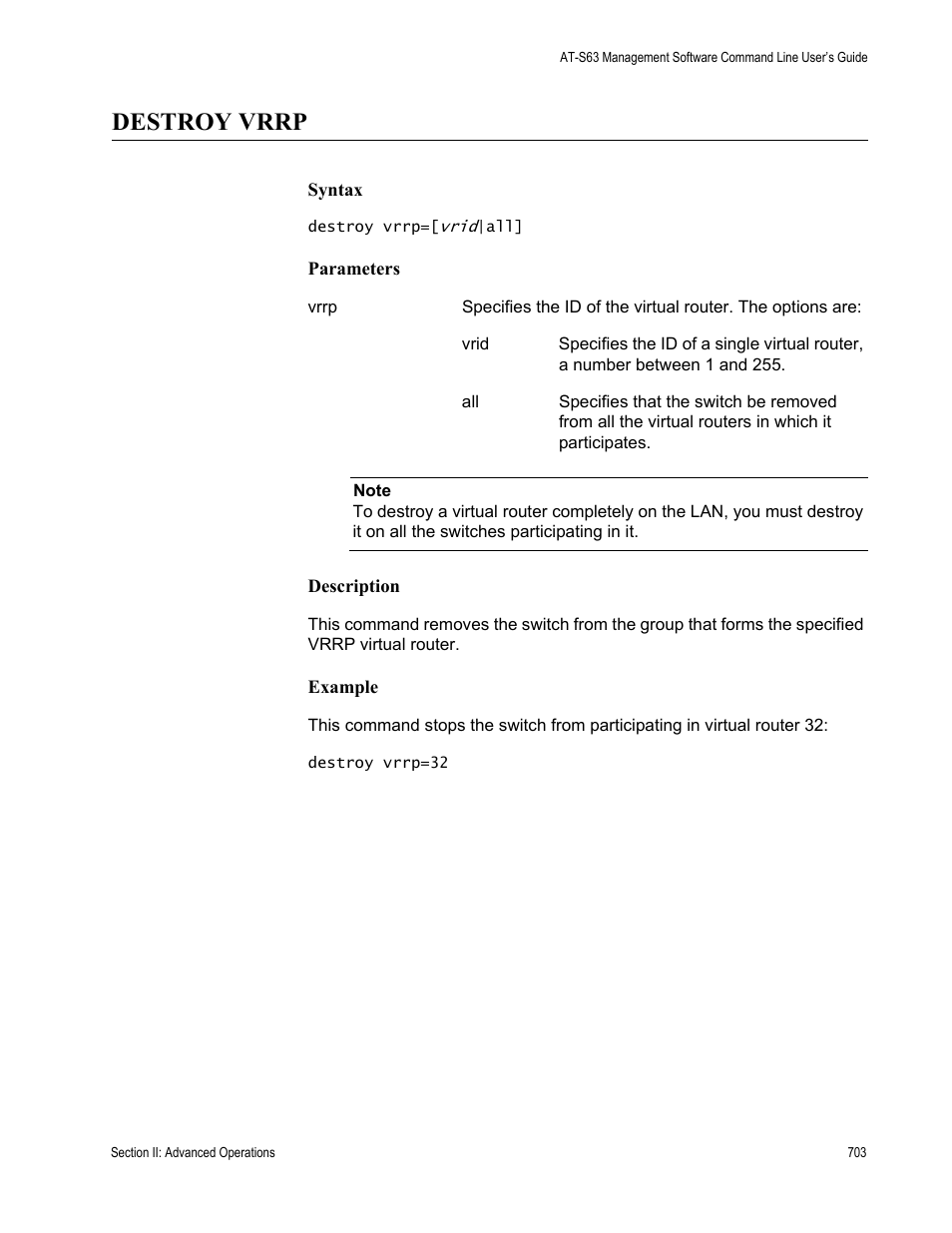 Destroy vrrp | Allied Telesis AT-S63 User Manual | Page 703 / 836