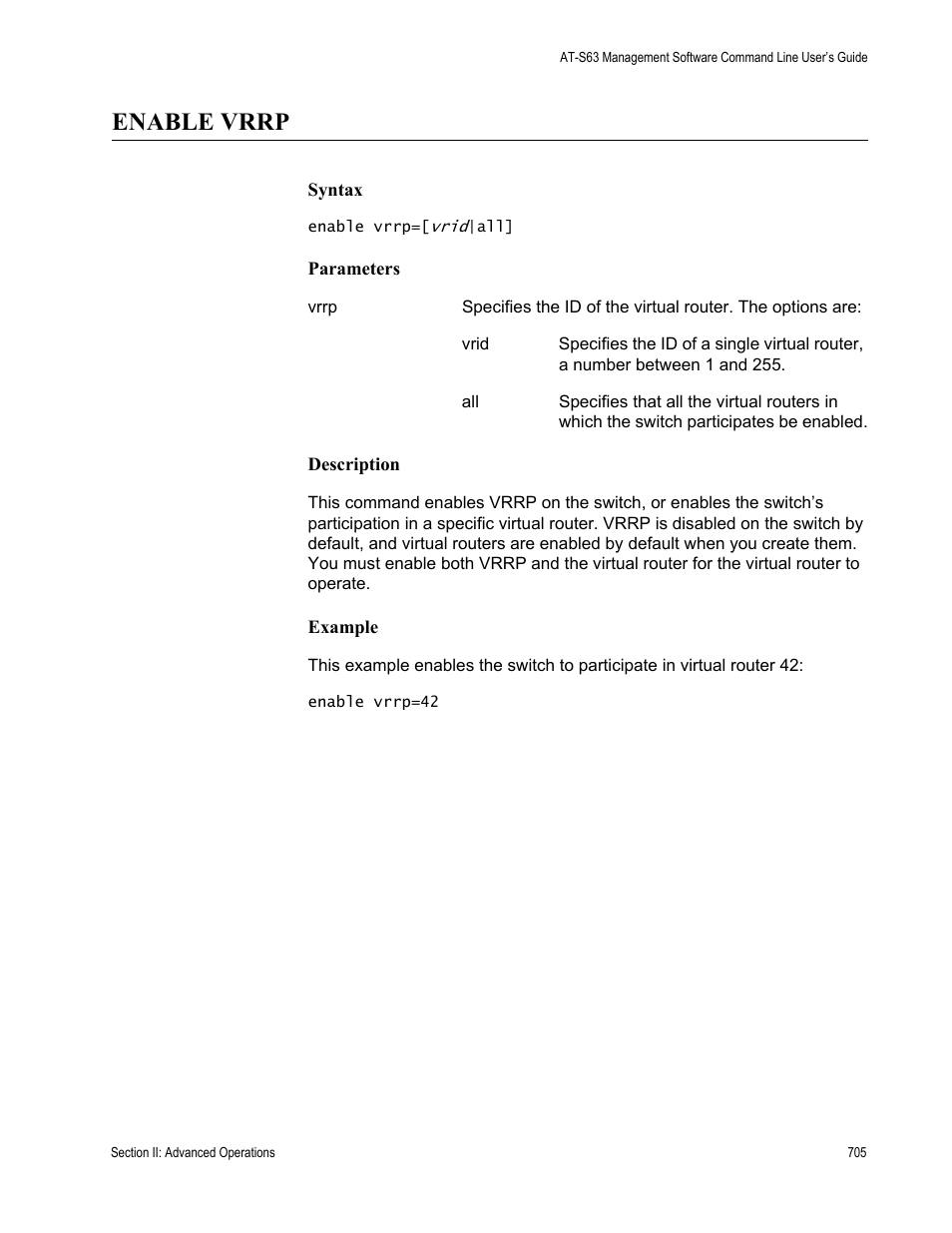 Enable vrrp | Allied Telesis AT-S63 User Manual | Page 705 / 836