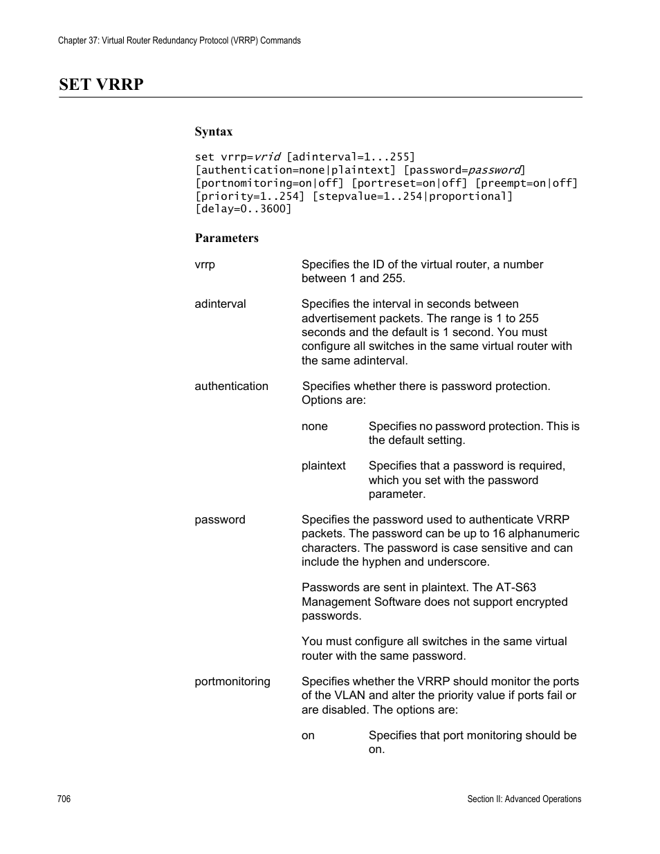 Set vrrp | Allied Telesis AT-S63 User Manual | Page 706 / 836