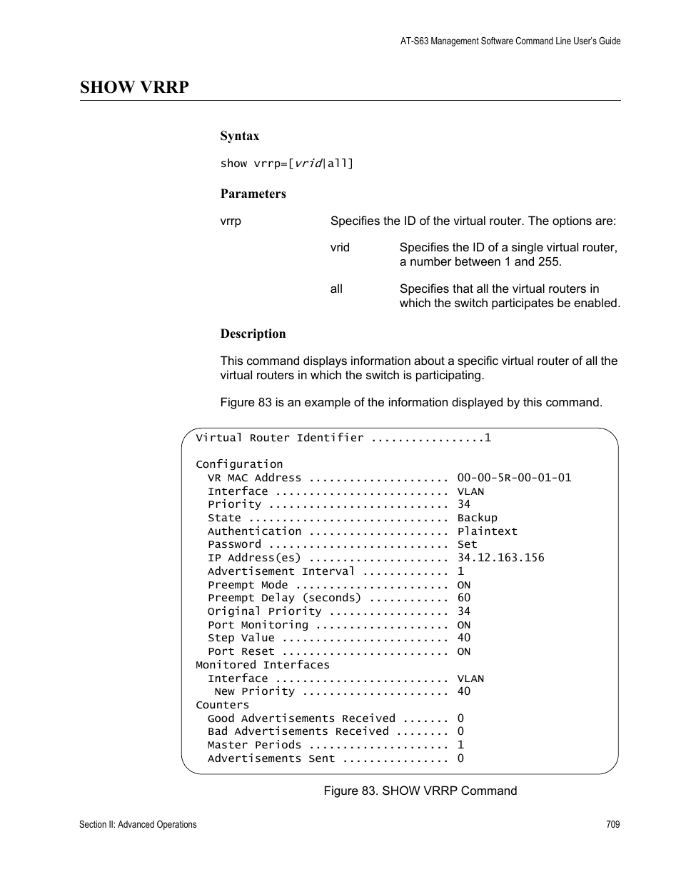 Show vrrp | Allied Telesis AT-S63 User Manual | Page 709 / 836