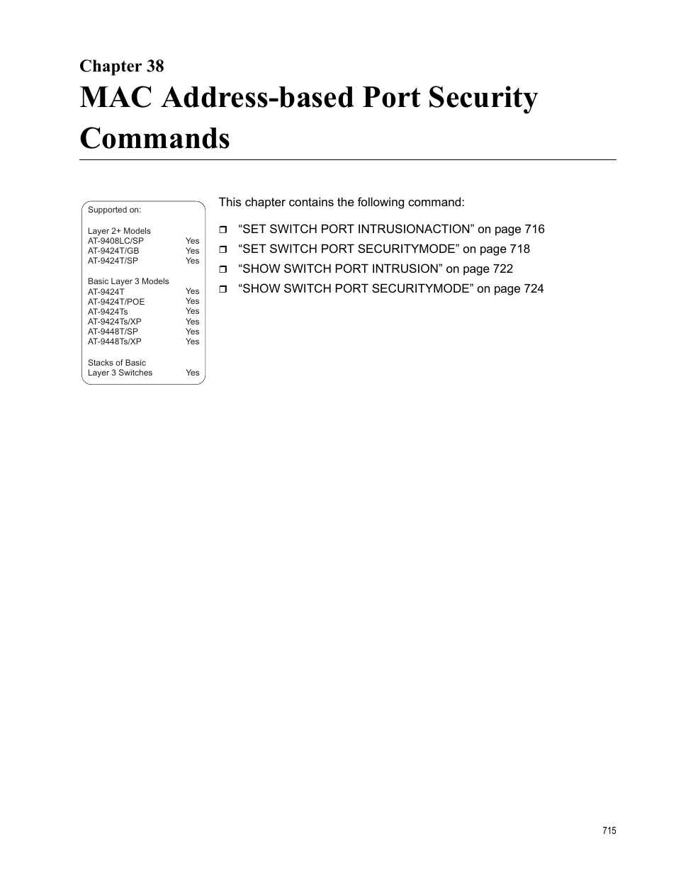 Chapter 38, Mac address-based port security commands | Allied Telesis AT-S63 User Manual | Page 715 / 836