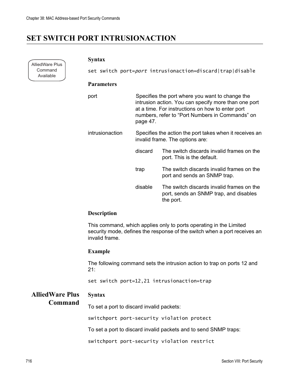 Set switch port intrusionaction, Alliedware plus command | Allied Telesis AT-S63 User Manual | Page 716 / 836
