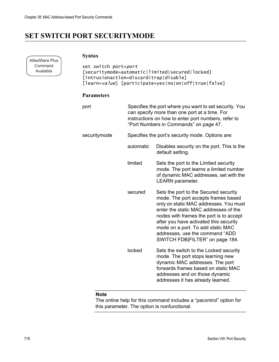 Set switch port securitymode | Allied Telesis AT-S63 User Manual | Page 718 / 836