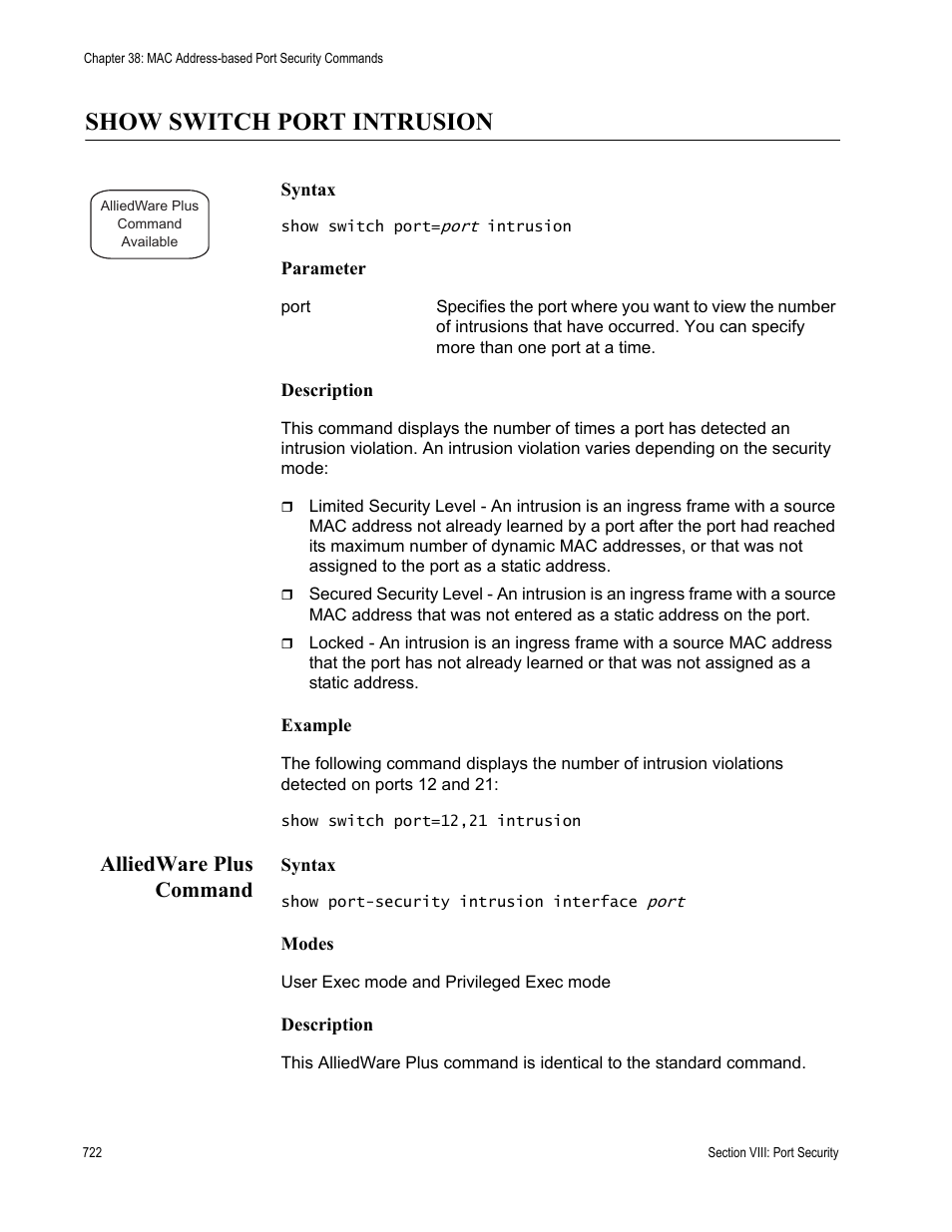 Show switch port intrusion, Alliedware plus command | Allied Telesis AT-S63 User Manual | Page 722 / 836
