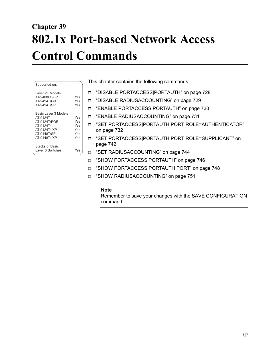 Chapter 39, 1x port-based network access control commands | Allied Telesis AT-S63 User Manual | Page 727 / 836