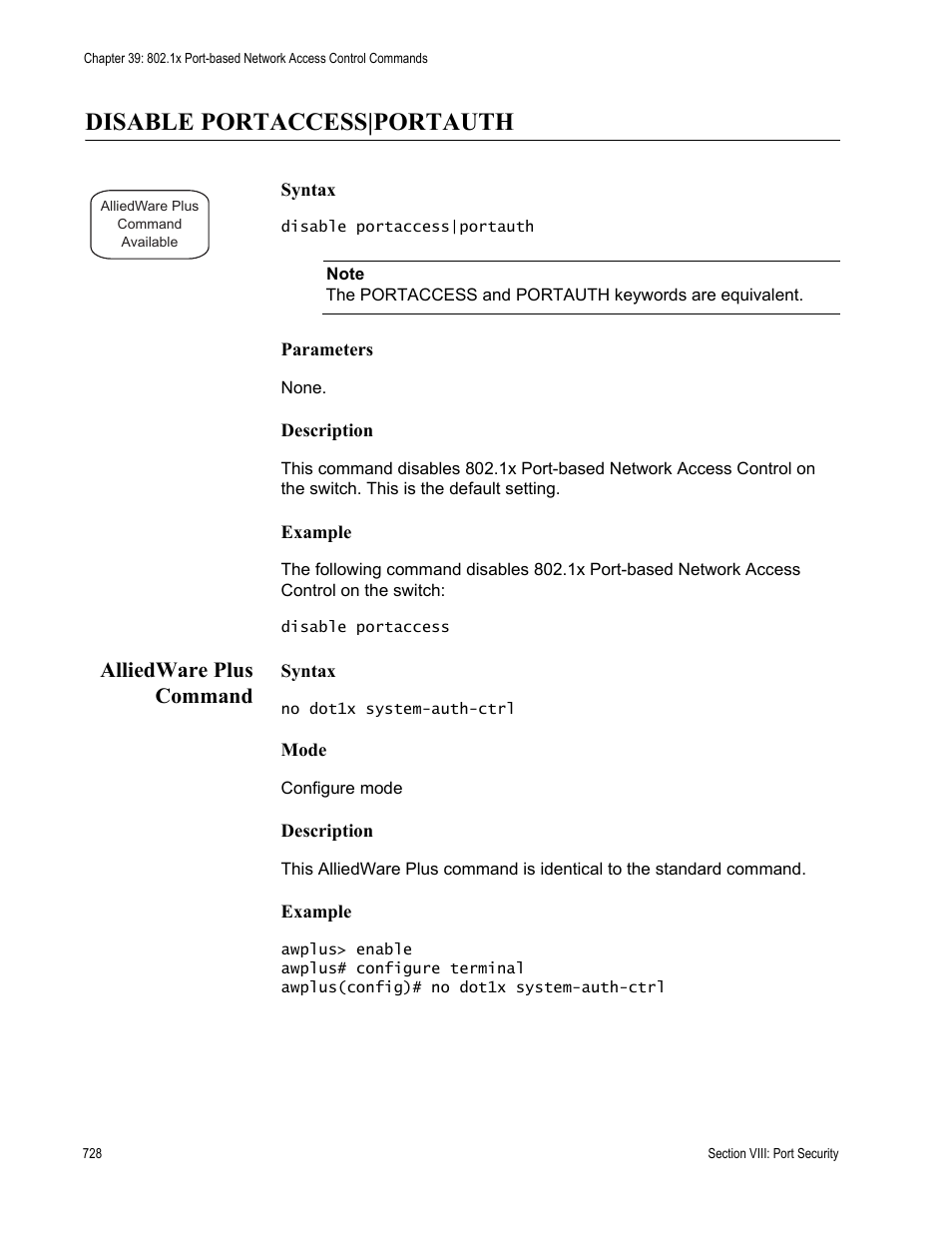 Disable portaccess|portauth, Alliedware plus command | Allied Telesis AT-S63 User Manual | Page 728 / 836