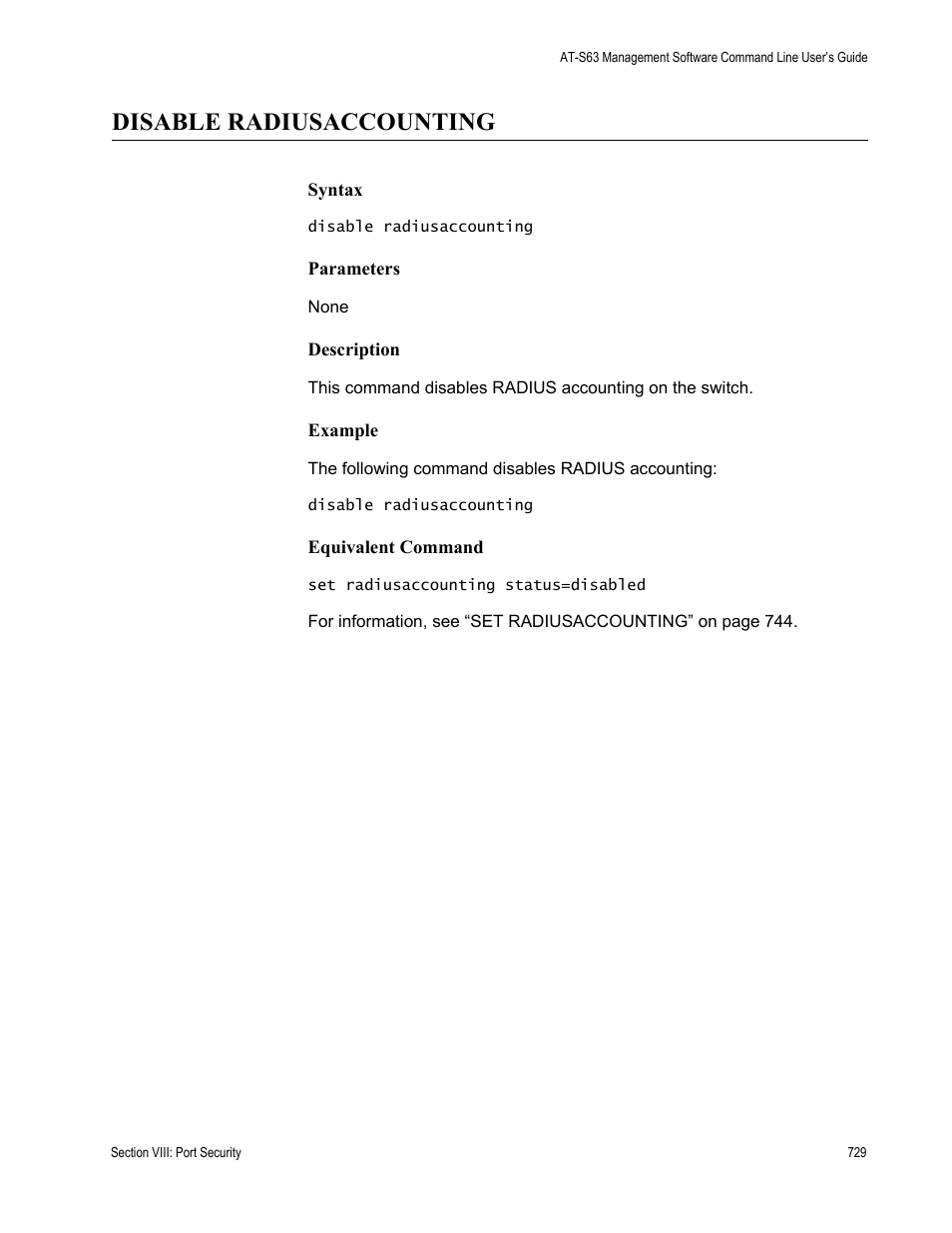 Disable radiusaccounting | Allied Telesis AT-S63 User Manual | Page 729 / 836
