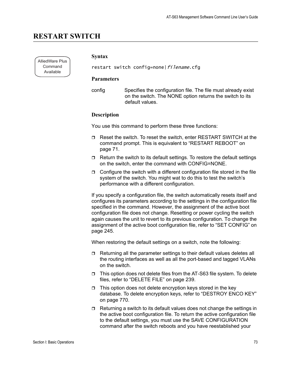 Restart switch | Allied Telesis AT-S63 User Manual | Page 73 / 836