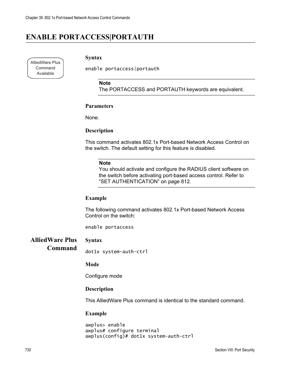Enable portaccess|portauth, Alliedware plus command | Allied Telesis AT-S63 User Manual | Page 730 / 836