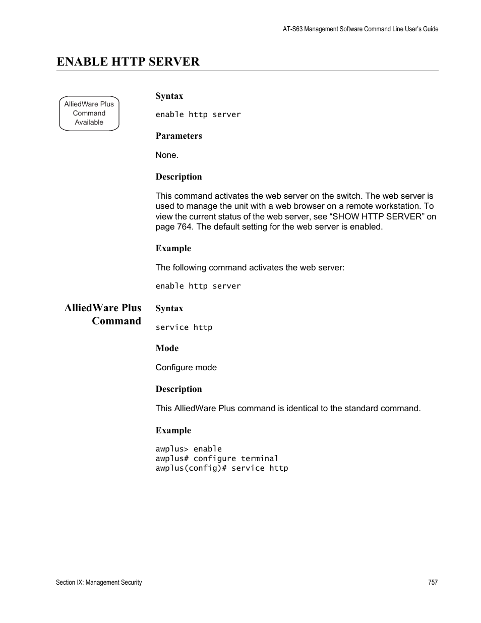 Enable http server, Alliedware plus command | Allied Telesis AT-S63 User Manual | Page 757 / 836